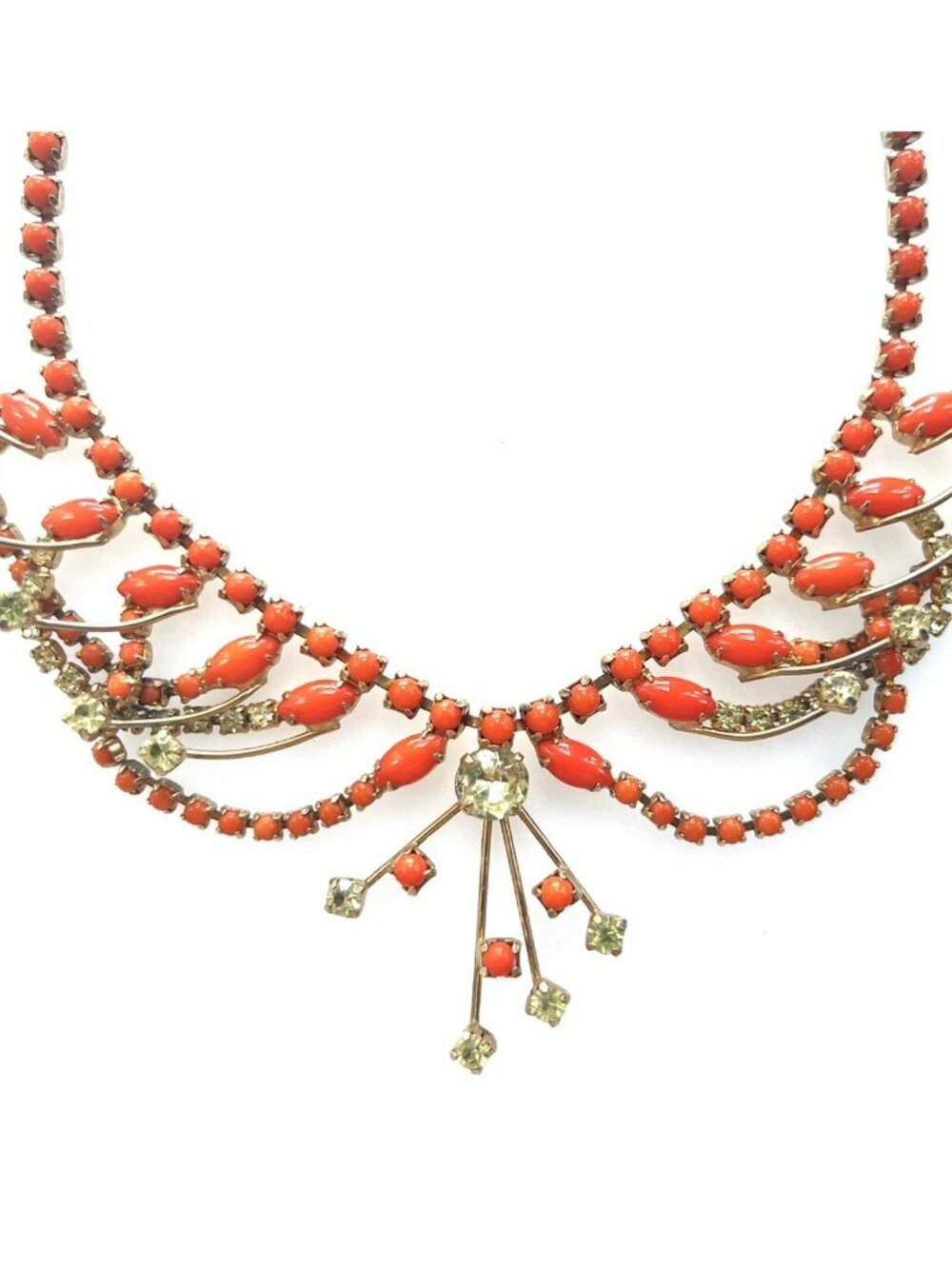 Vintage Rocking Retro Hot Orange Layered Rhinestone Necklace
